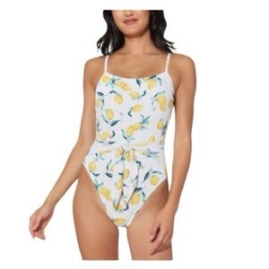 Jessica Simpson Nice Lemon Tie Waist One-Piece Swim White Yellow Scandi Girl